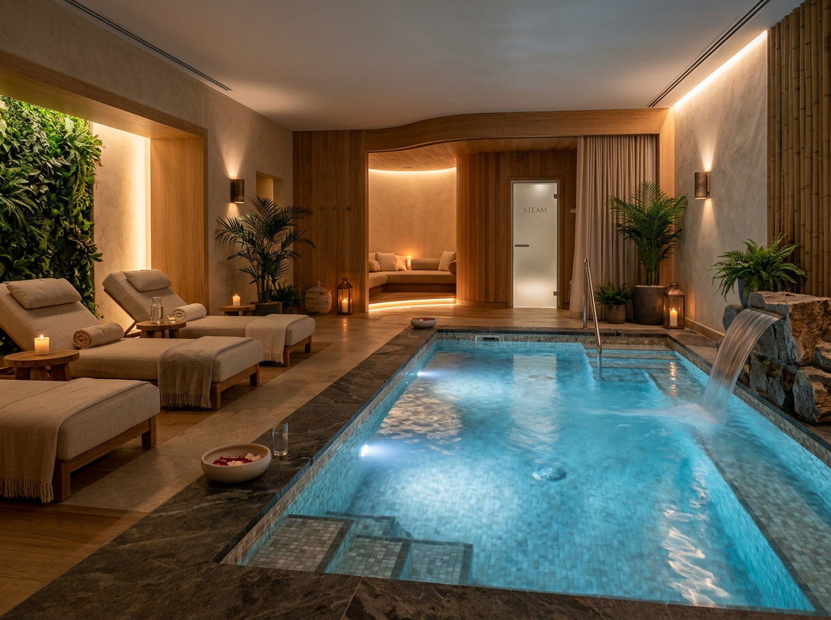 Interior view of a high end spa with a mini pool